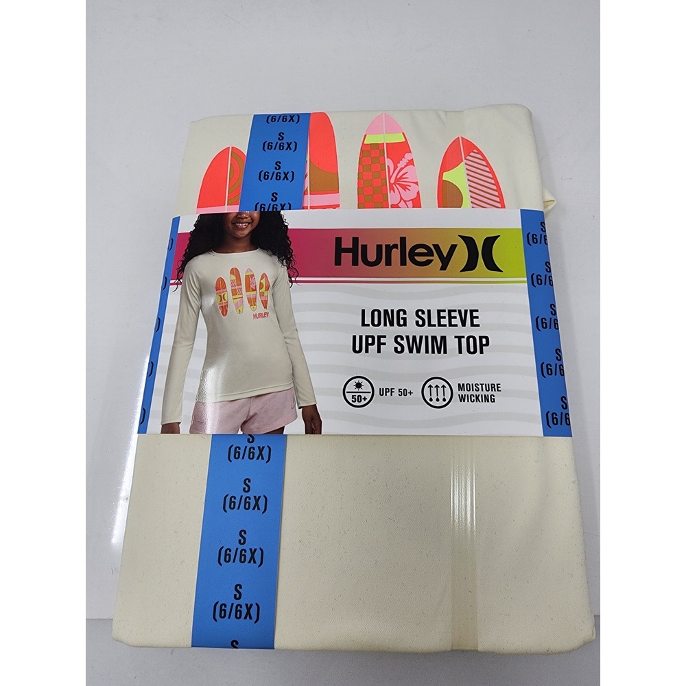 Hurley Girls Long Sleeve UPF Swim Top Cream Polyester Rash Guard Size Small